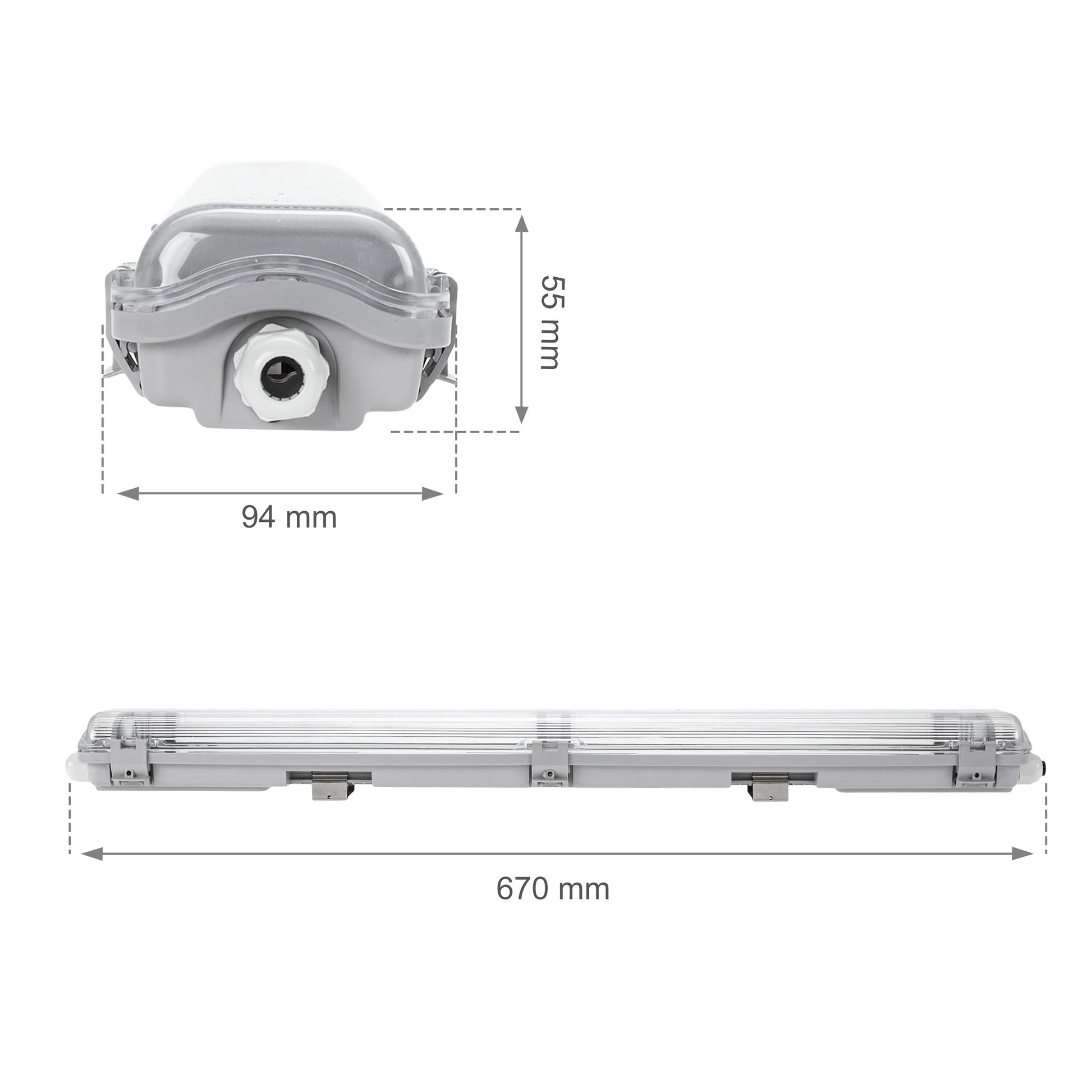 LED LIMEA TRI PROOF Feuchtraumleuchte Wannenleuchte 67cm IP65 grau fuer 2 x T8 LED Roehre G13 60cm