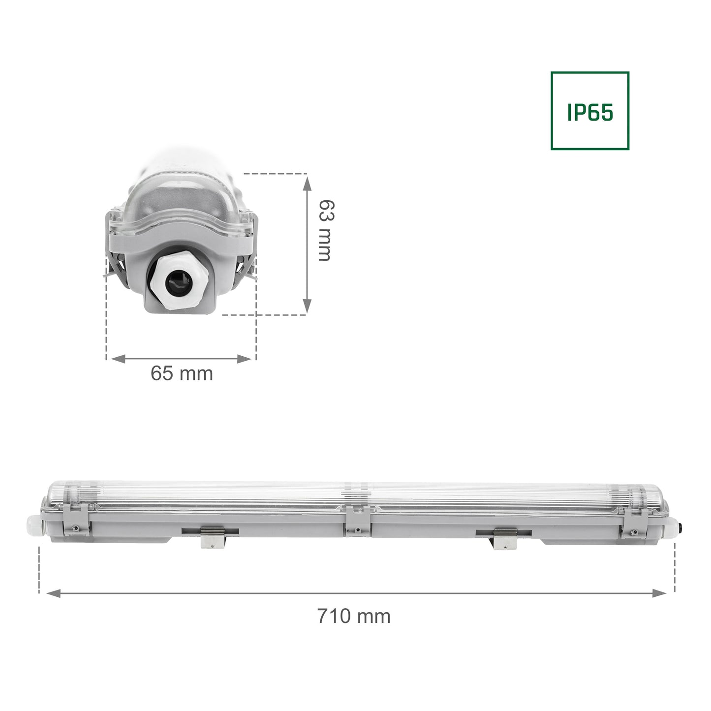 Feuchtraumleuchte Wannenleuchte 71cm IP65 grau fuer 1 x T8 LED Roehre G13 60cm
