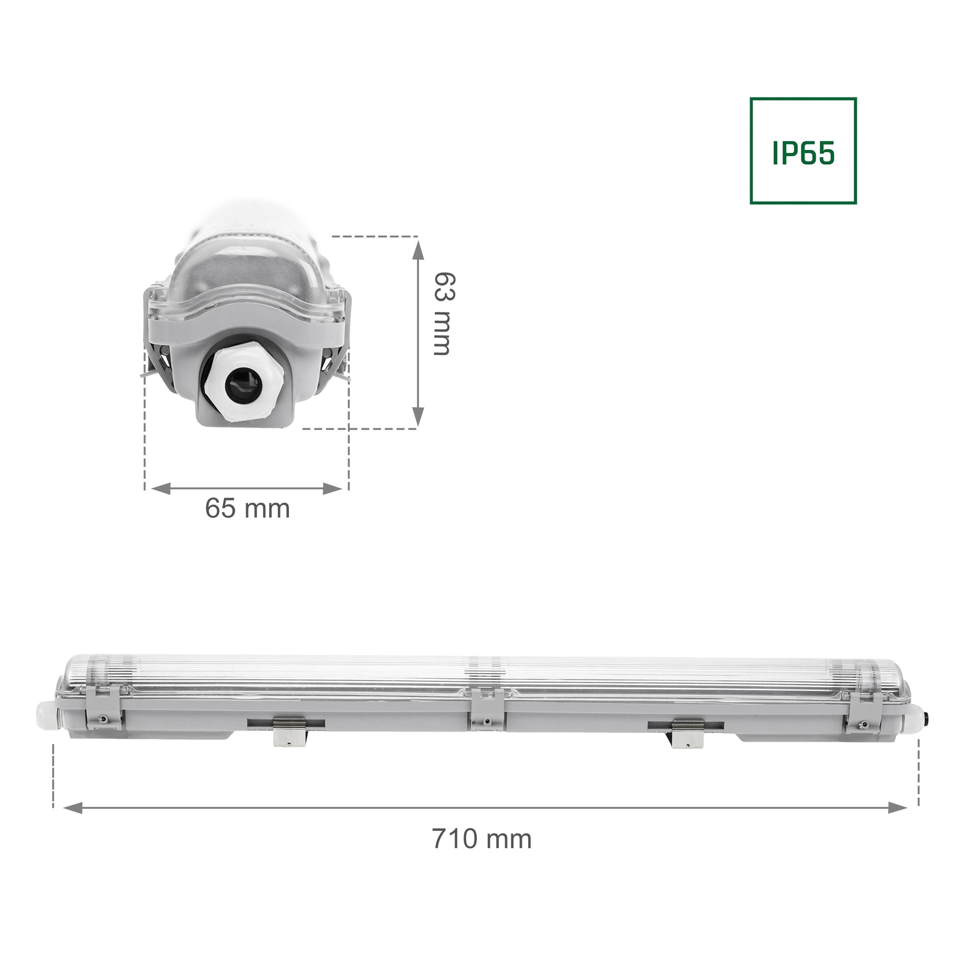 Feuchtraumleuchte Wannenleuchte 71cm IP65 grau fuer 1 x T8 LED Roehre G13 60cm