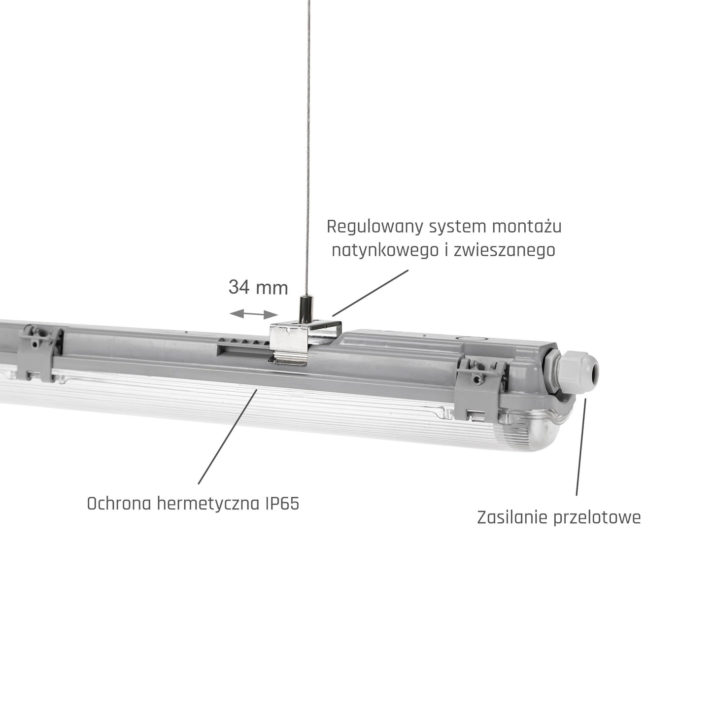 Feuchtraumleuchte Wannenleuchte 71cm IP65 grau fuer 1 x T8 LED Roehre G13 60cm