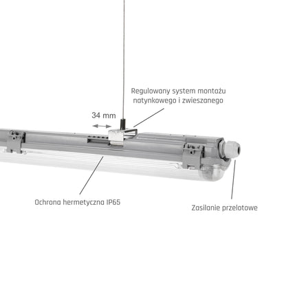 Feuchtraumleuchte Wannenleuchte 71cm IP65 grau fuer 1 x T8 LED Roehre G13 60cm