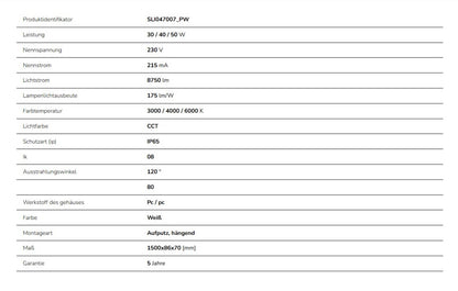 LED LIMEA VARIO HERMETIC 30/40/50W 150cm Feuchtraumleuchte 8750lm 120° IP65 grau IK08 3 CCT 3000-6000K