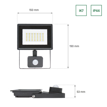 LED LUX 3 Fluter schwarz 30W Strahler 2900lm IP44 Kalt 6000K mit Bewegungsmelder