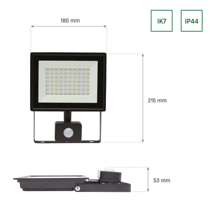 LED LUX 3 Fluter schwarz 50W Strahler 4700lm IP44 Kalt 6000K mit Bewegungsmelder