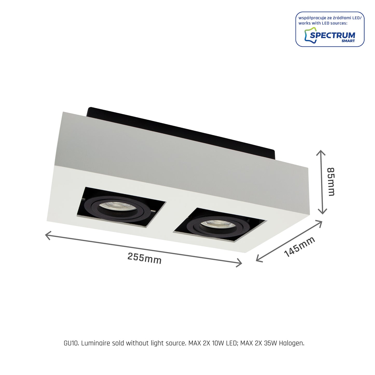 LED Mirora GU10 2 fach Deckenleuchte schwarz &amp; weiss schwenkbar IP20 max.35W eckig