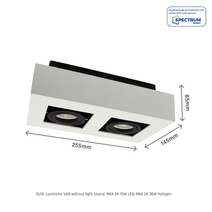 LED Mirora GU10 2 fach Deckenleuchte schwarz &amp; weiss schwenkbar IP20 max.35W eckig