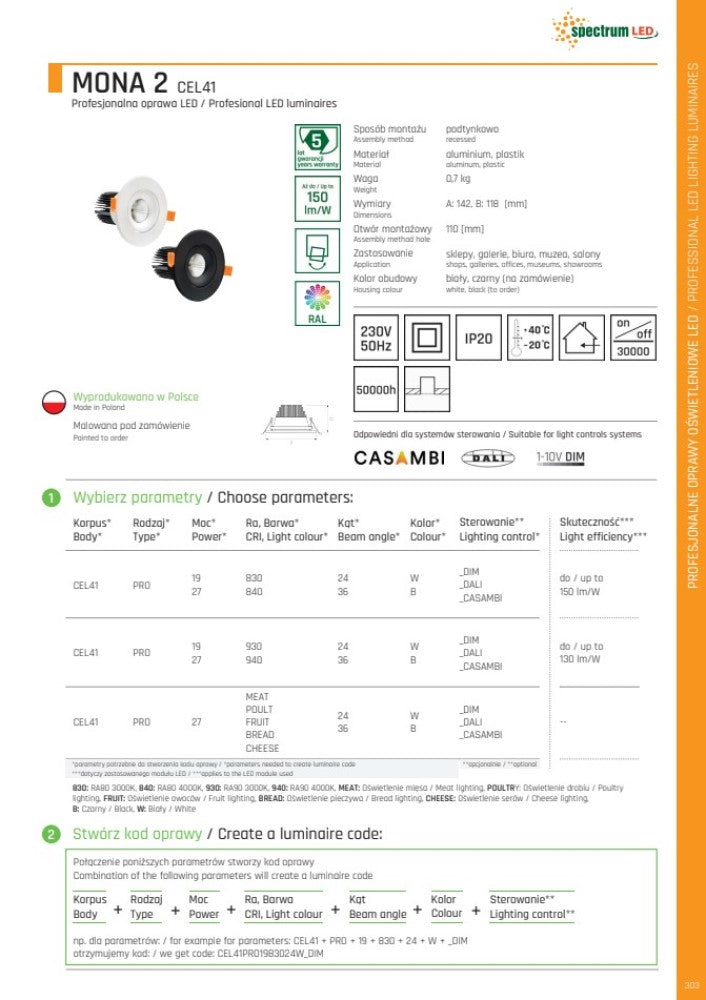 LED MONA 2 Einbaustrahler 19W schwenkbar 2660lm 36° rund 230V weiss IP20 Warmweiss 3000K DALI - Sonderanfertigung