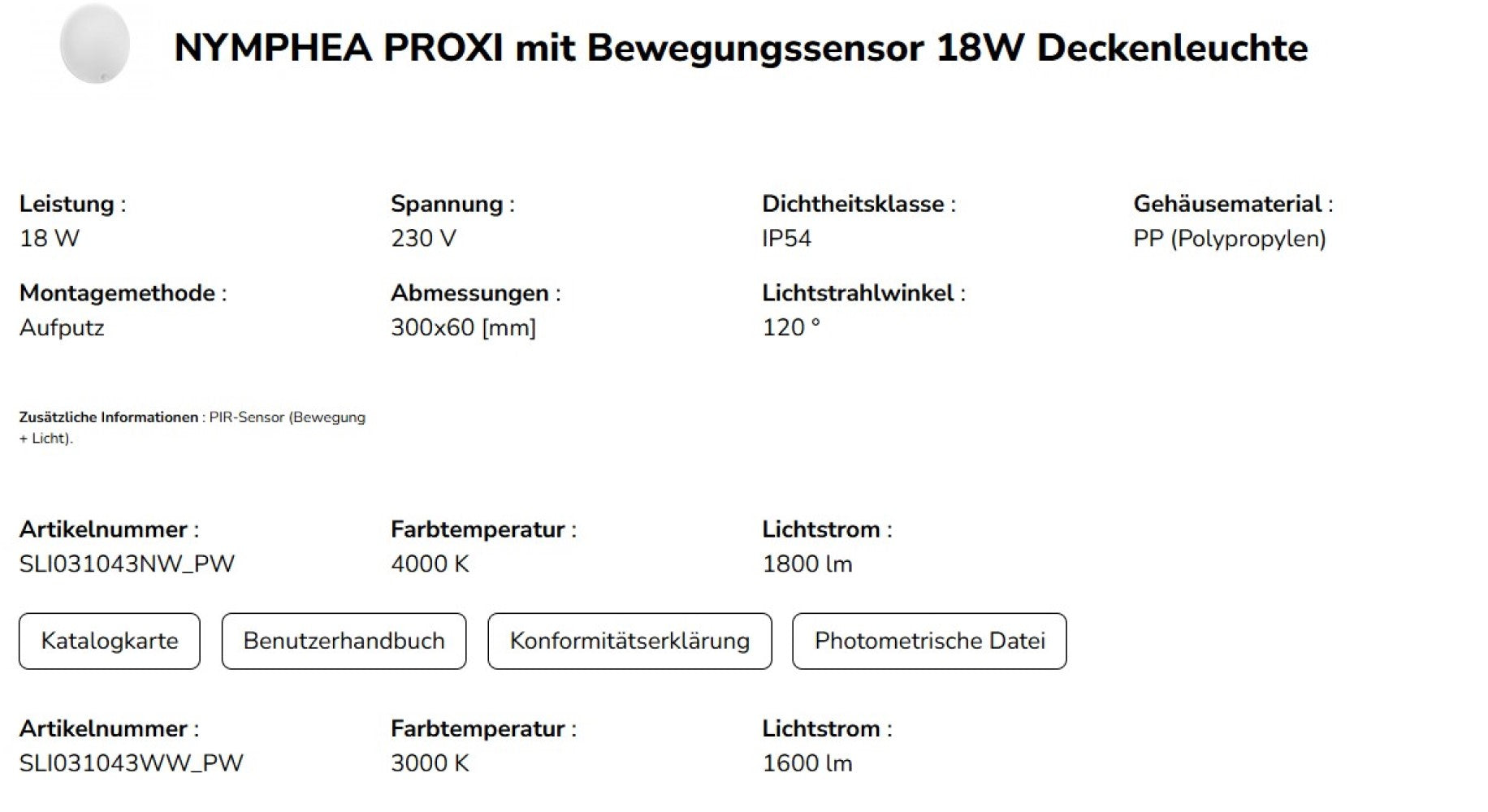 LED NAYMPHEA PROXI PIR 18W Deckenleuchte 120° 2200lm weiss IP54 rund Neutralweiss 4000K mit Bewegungssensor