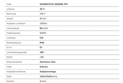 LED NOCTIS LUX 4 Fluter 20W Strahler 1650lm schwarz 100° IP44 Kaltweiss 6000K mit Bewegungssensor