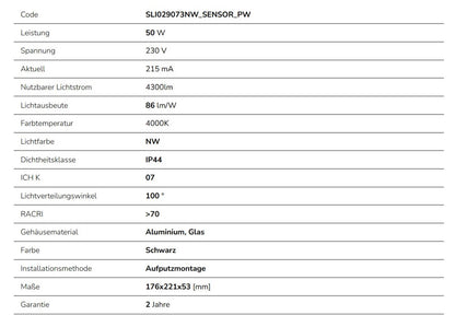 Spectrum LED NOCTIS LUX 4 Fluter 50W Strahler 4300lm schwarz 100° IP44 Neutralweiss 4000K mit Bewegungssensor