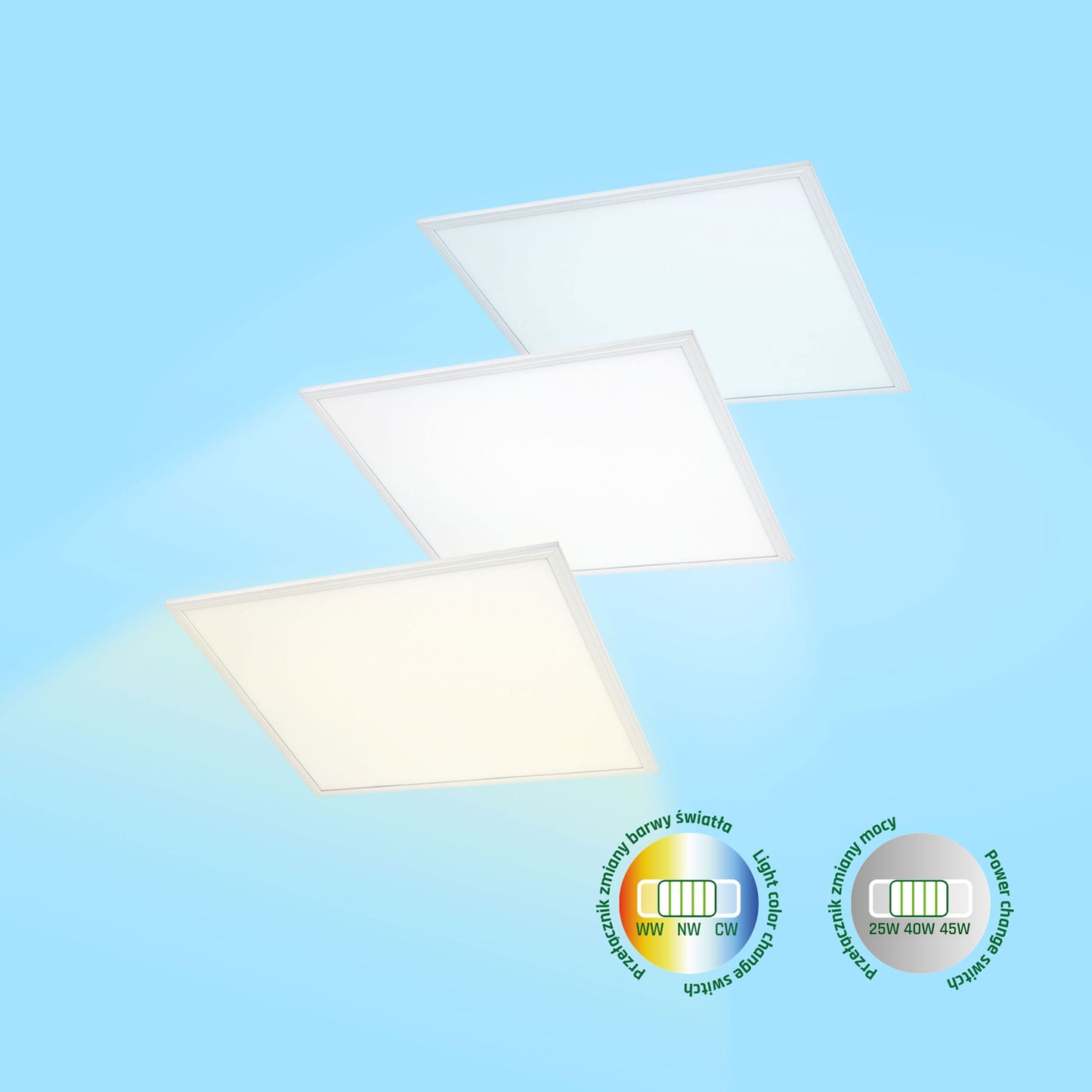 LED Panel Algine 25W/40W/45W eckig 62x62cm DIP-Switch 6500lm UGR&lt;19 weiss 90° IP20 3000-6000K CCT