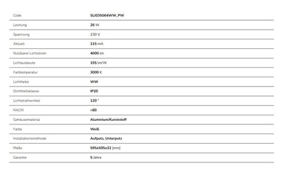 LED Panel Algine 26W eckig 60x60cm weiss 4000lm 120° IP20 Warmweiss 3000K
