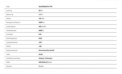 LED Panel Algine 26W eckig 60x60cm weiss 4300lm 120° IP20 Kaltweiss 6000K