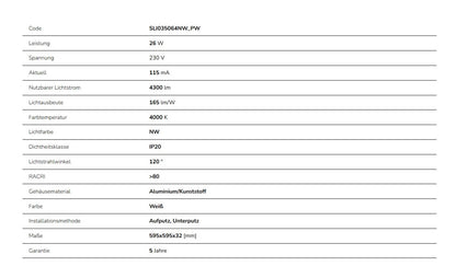 LED Panel Algine 26W eckig 60x60cm weiss 4300lm 120° IP20 Neutralweiss 4000K