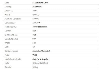 LED Panel Algine 26W/36W/46W eckig 30x120cm DIP-Switch 6300lm UGR 19 weiss 90° IP20 3000-6000K CCT
