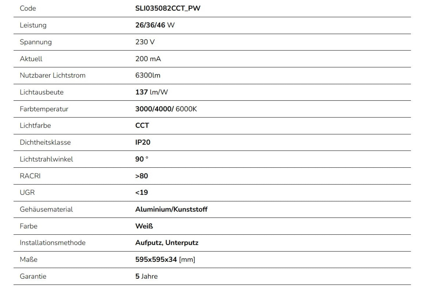 LED Panel Algine 26W/36W/46W eckig 60x60cm DIP-Switch 6300lm UGR&lt;19 weiss 90° IP20 3000-6000K CCT