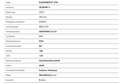 LED Panel Algine 26W/36W/46W eckig 60x60cm DIP-Switch 6300lm UGR&lt;19 weiss 90° IP20 3000-6000K CCT