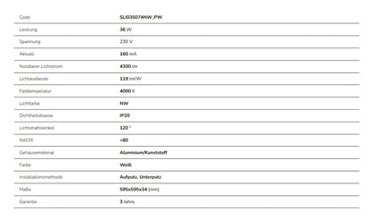 LED Panel Algine 36W eckig 60x60cm weiss 4300lm 120° IP20 Neutralweiss 4000K