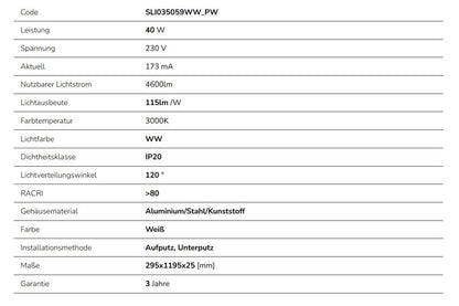 LED Panel Algine 40W eckig 30x120cm 4600lm 230V weiss 120° IP20 Warmweiss 3000K