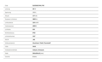 LED Panel Algine 40W eckig 60x60cm weiss 4800lm 120° IP20 Neutralweiss 4000K