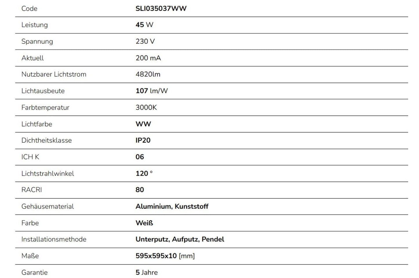 LED Panel Algine 45W eckig 60x60cm 4820lm IK06 weiss 120° IP20 Warmweiss 3000K