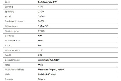 LED Panel Algine 45W eckig 60x60cm 4880lm IK06 weiss 120° IP20 Kaltweiss 6000K
