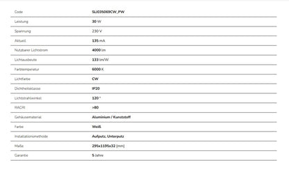 LED Panel Algine Backlight 30W eckig 30x120cm 4000lm 120° IP20 Kaltweiss 6000K