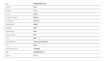 LED Panel ALGINE BACKLIGHT 40W mit Philips Treiber 30x120cm eckig 5200lm 120° IP20 Warmweiss 3000K