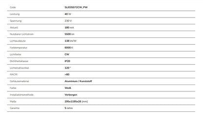 LED Panel ALGINE BACKLIGHT 40W mit Philips Treiber 30x120cm eckig 5500lm 120° IP20 Kaltweiss 6000K