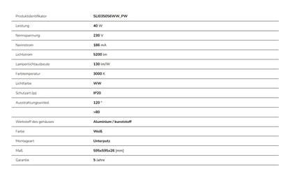 LED Panel ALGINE BACKLIGHT 40W mit Philips Treiber 60x60cm eckig 5200lm 120° IP20 Warmweiss 3000K