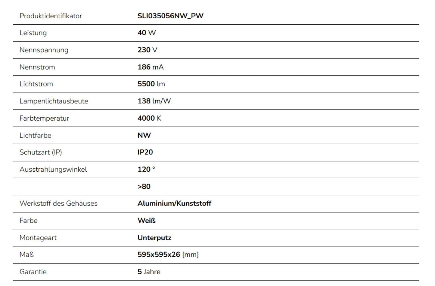 LED Panel ALGINE BACKLIGHT 40W mit Philips Treiber 60x60cm eckig 5500lm 120° IP20 Neutralweiss 4000K
