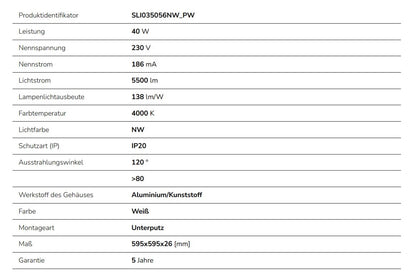 LED Panel ALGINE BACKLIGHT 40W mit Philips Treiber 60x60cm eckig 5500lm 120° IP20 Neutralweiss 4000K