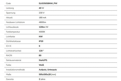 LED Panel ALGINE LENS 40W eckig 60x60cm 4800lm IK06 weiss 120° IP20 Neutralweiss 4000K
