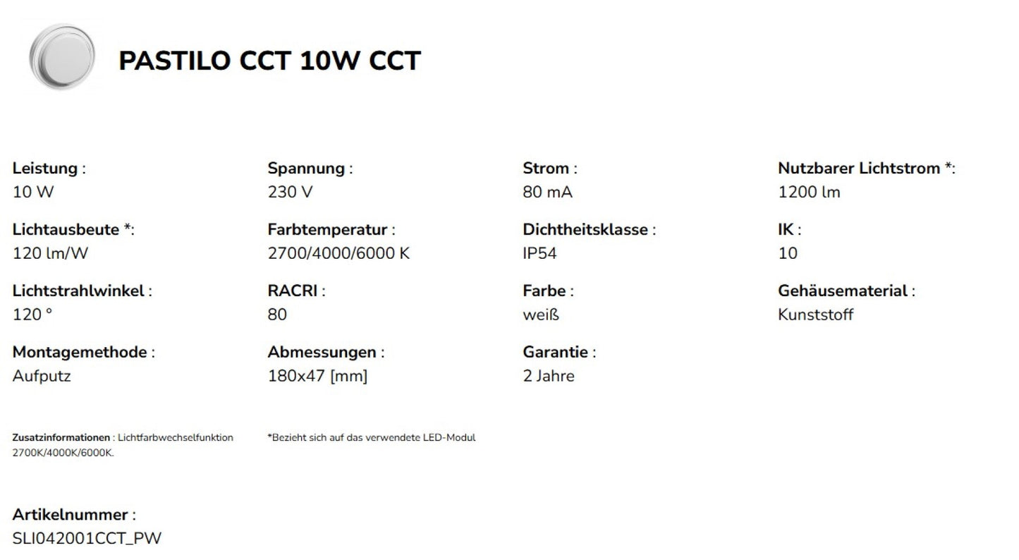 LED PASTILO 10W Wandleuchte 120° außenleuchte 1200lm weiss 230V IP54 rund IK10 2700-6000K CCT