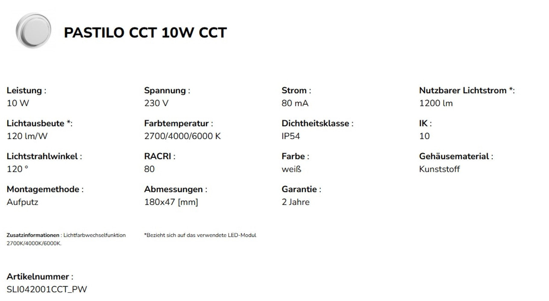 LED PASTILO 10W Wandleuchte 120° außenleuchte 1200lm weiss 230V IP54 rund IK10 2700-6000K CCT