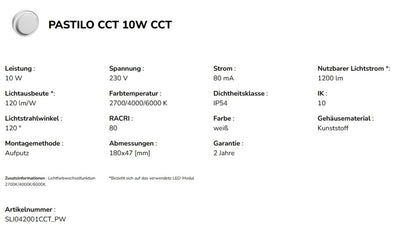 LED PASTILO 10W Wandleuchte 120° außenleuchte 1200lm weiss 230V IP54 rund IK10 2700-6000K CCT