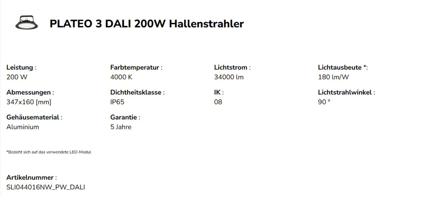 LED PLATEO 3 HIGH BAY 200W Hallenleuchte 36000lm schwarz 90° 230V IP65 IK08 Neutralweiss 4000K DALI