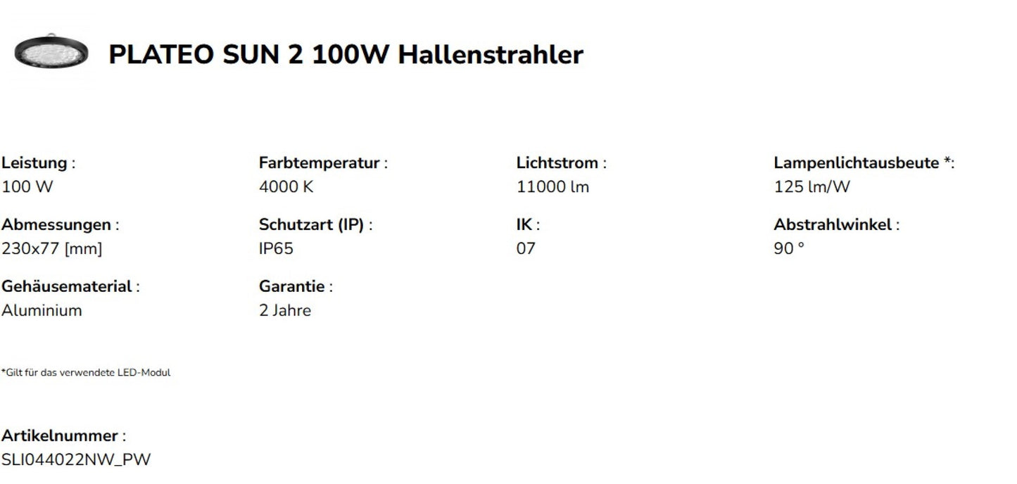 LED PLATEO SUN 2 HIGH BAY 100W Hallenleuchte 12500lm schwarz 90° 230V IP65 IK07 Neutralweiss 4000K