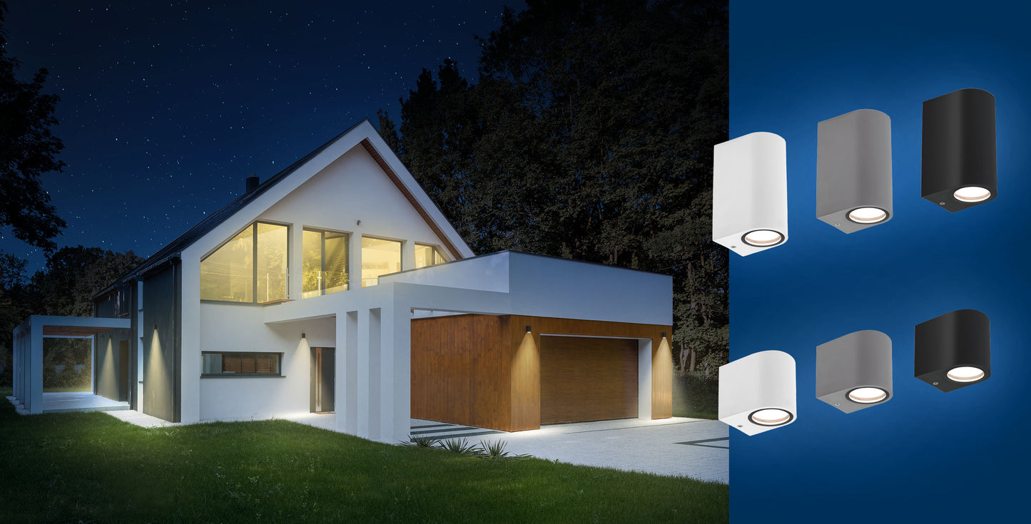 LED Wandleuchte PARETE GU10 Außenleuchte grau IP54 Up &amp; Down max. 2x6W rund