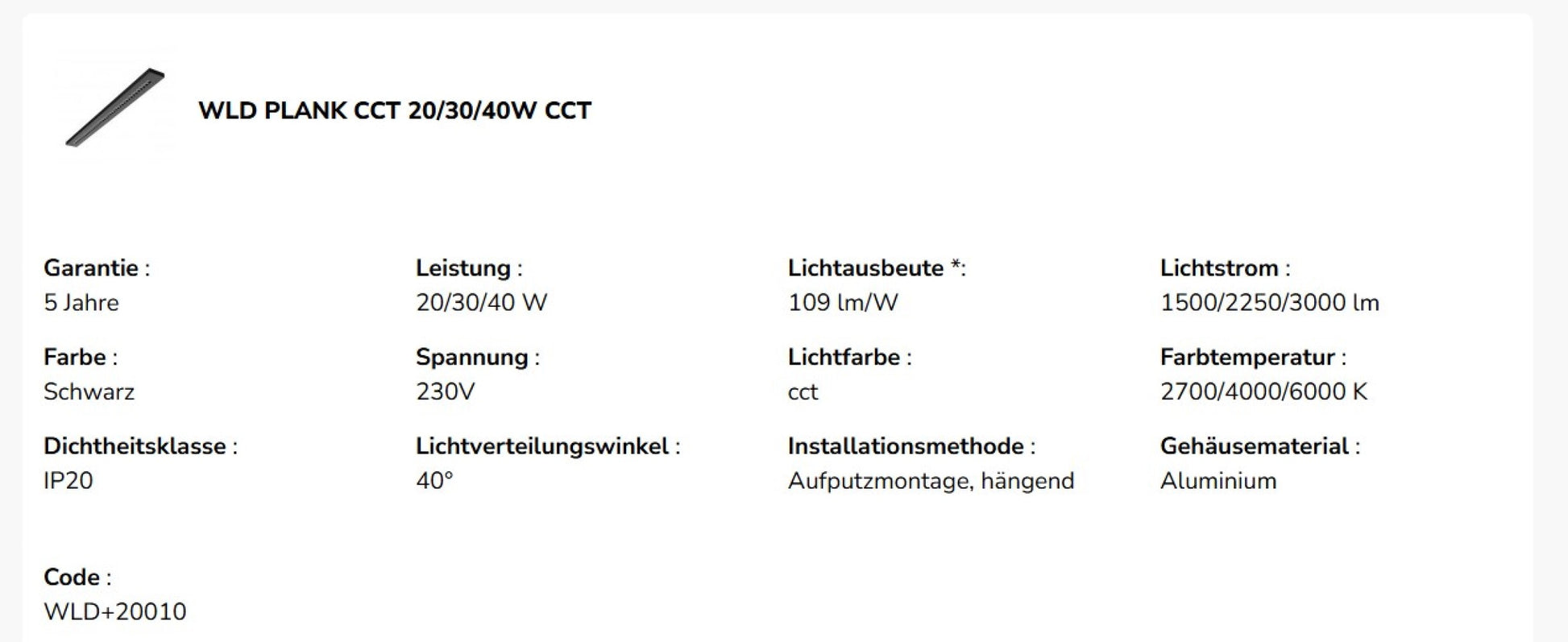 LED WLD PLANK 120cm Deckenleuchte 20-40W 4350lm Schwarz 40° 230V IP20 2700-6000K CCT