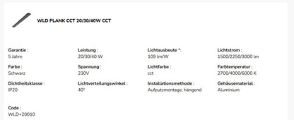 LED WLD PLANK 120cm Deckenleuchte 20-40W 4350lm Schwarz 40° 230V IP20 2700-6000K CCT