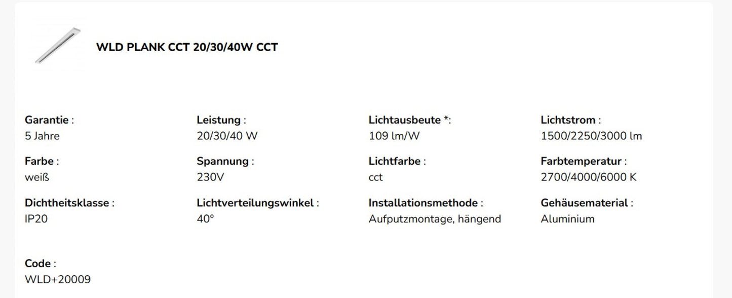 LED WLD PLANK 120cm Deckenleuchte 20-40W 4350lm weiss 40° 230V IP20 2700-6000K CCT