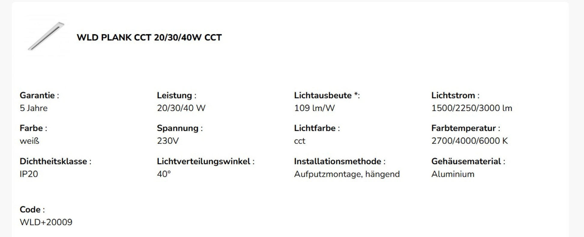 LED WLD PLANK 120cm Deckenleuchte 20-40W 4350lm weiss 40° 230V IP20 2700-6000K CCT