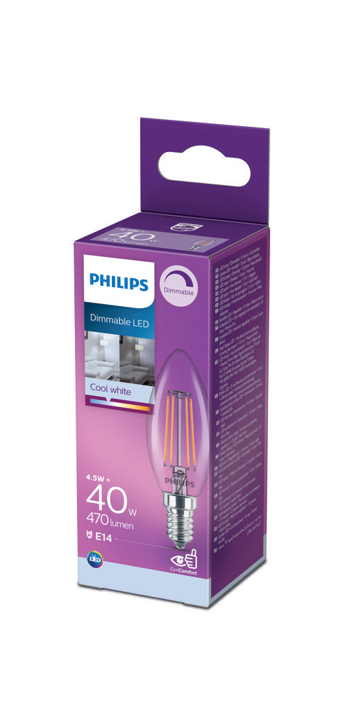 Philips LED E14 B35 Filament Kerzenform klar 4,5W = 40W Kaltweiß 4000K DIMMBAR