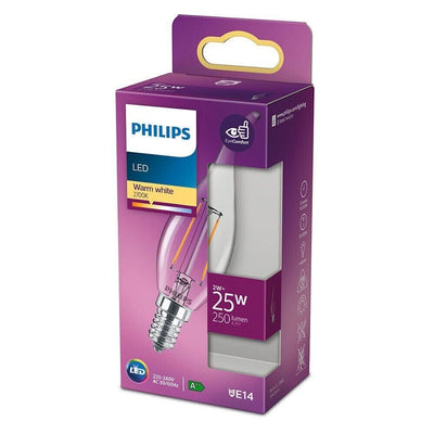 Philips LED E14 Kerze Windstoß Filament 2W = 25W klar 250lm 230V Warmweiß 2700K