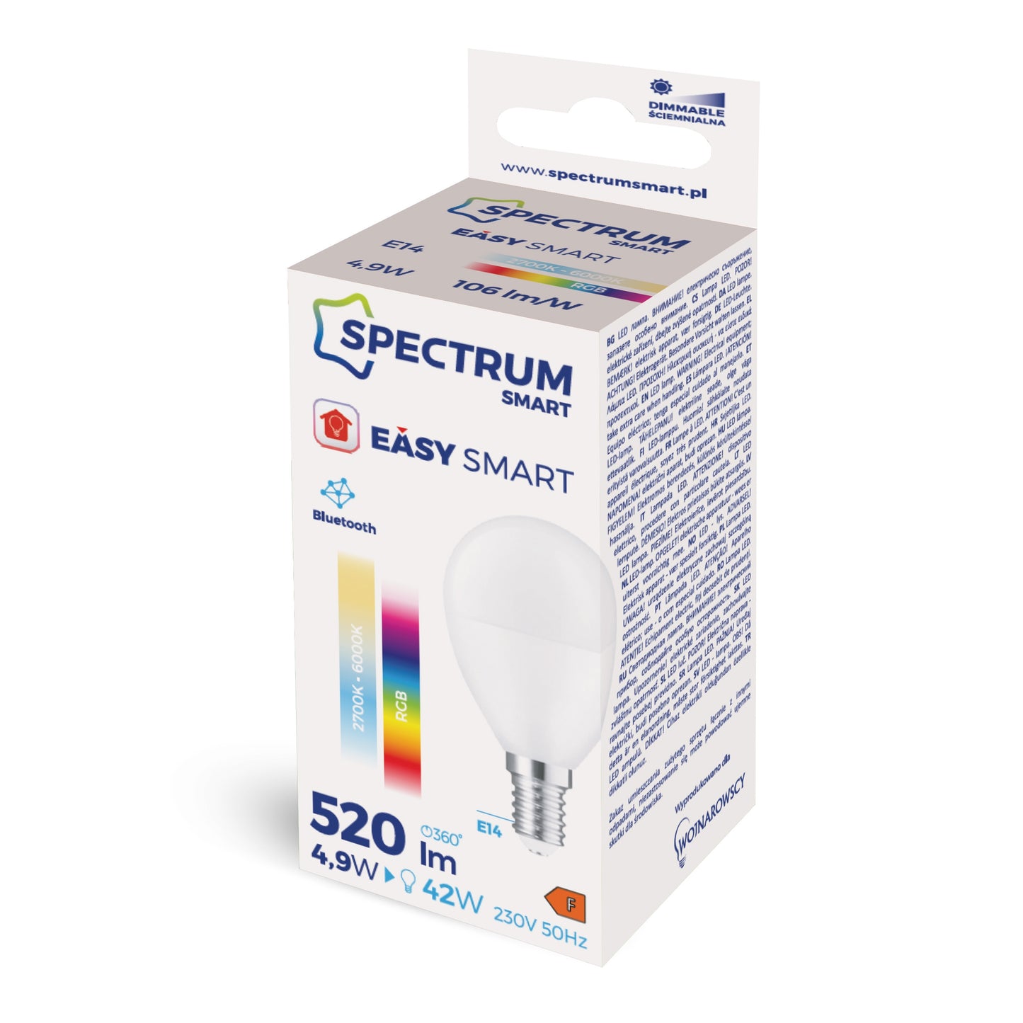 Spectrum LED E14 G45 EASY SMART APP 4,9W = 42W bunt 520lm BLUETOOTH 2700K-6000K DIMMBAR