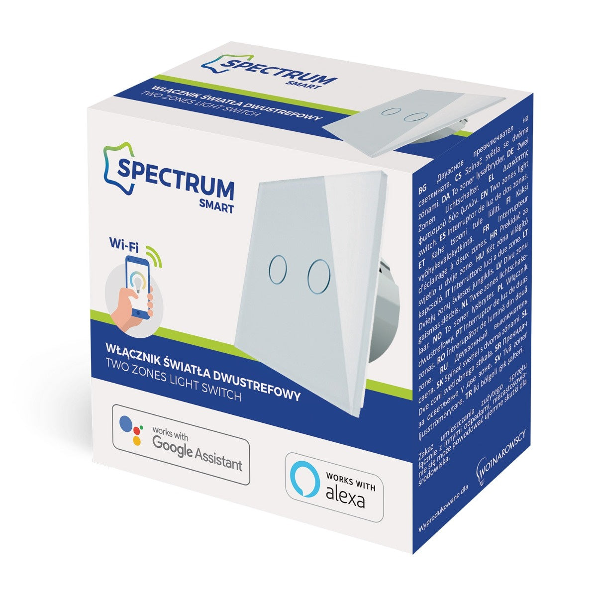 Spectrum LED Smart Light Switch 2 Zones Alexa Google Wall Switch Glass IP20 white