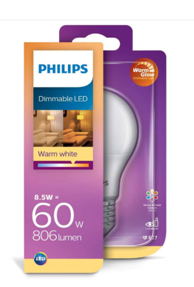 Philips LED E27 A60 8,5W = 60W 806lm 230V Warmweiß 2200K-2700K WarmGlow DIMMBAR